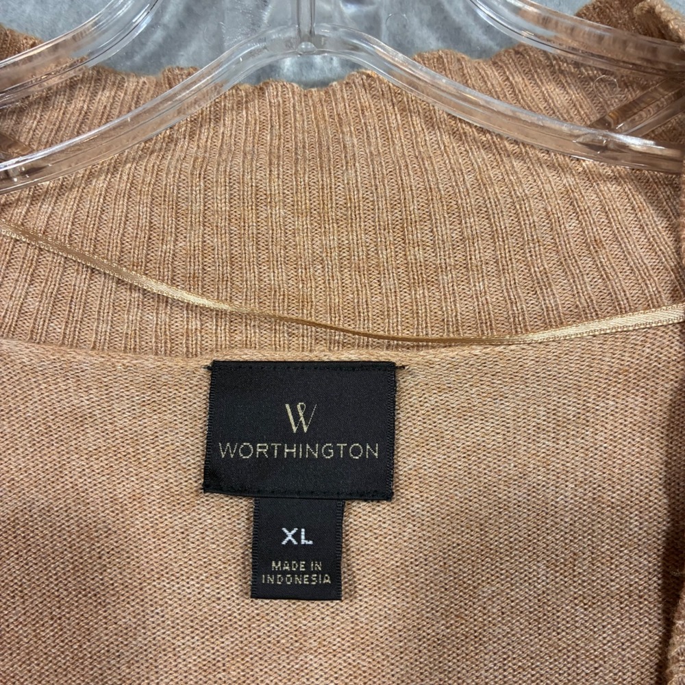 Worthington Womens XL Open Front Cardigan Sweater Tan Heather Ribbed Trim Slits - Picture 5 of 6